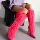 Women's Black Pointed Toe Stiletto Heel Furry Knee High Boots