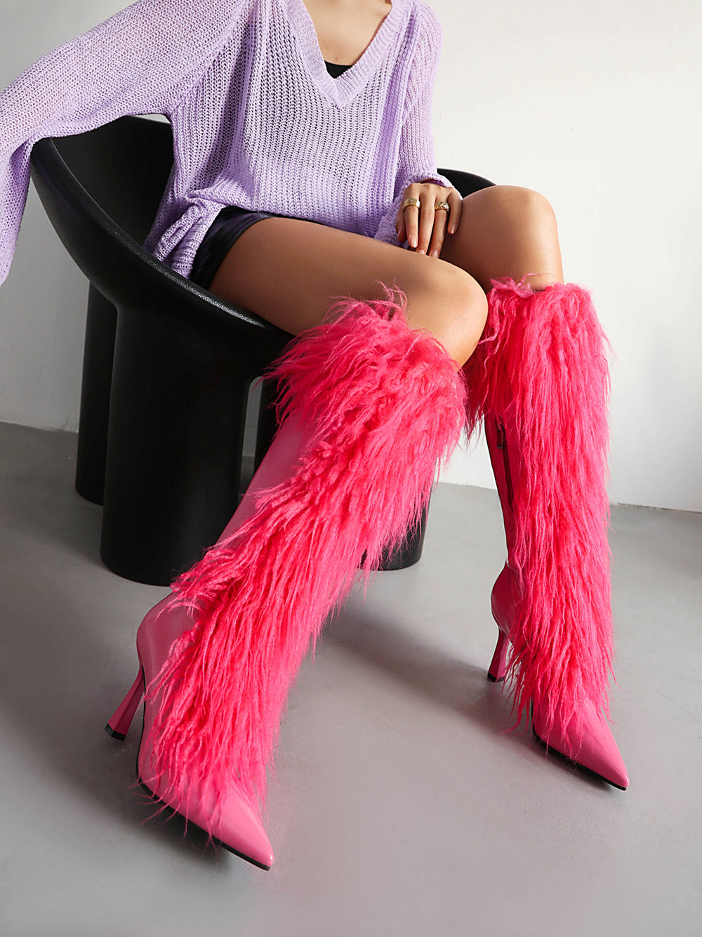 Women's Black Pointed Toe Stiletto Heel Furry Knee High Boots