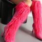 Women's Black Pointed Toe Stiletto Heel Furry Knee High Boots