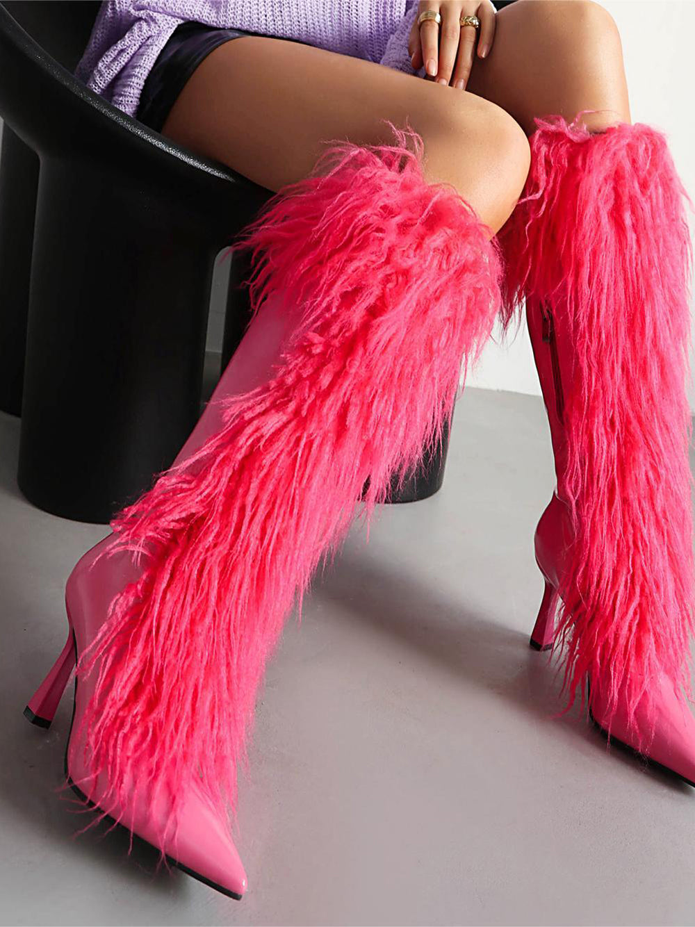 Women's Black Pointed Toe Stiletto Heel Furry Knee High Boots