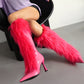 Women's Black Pointed Toe Stiletto Heel Furry Knee High Boots