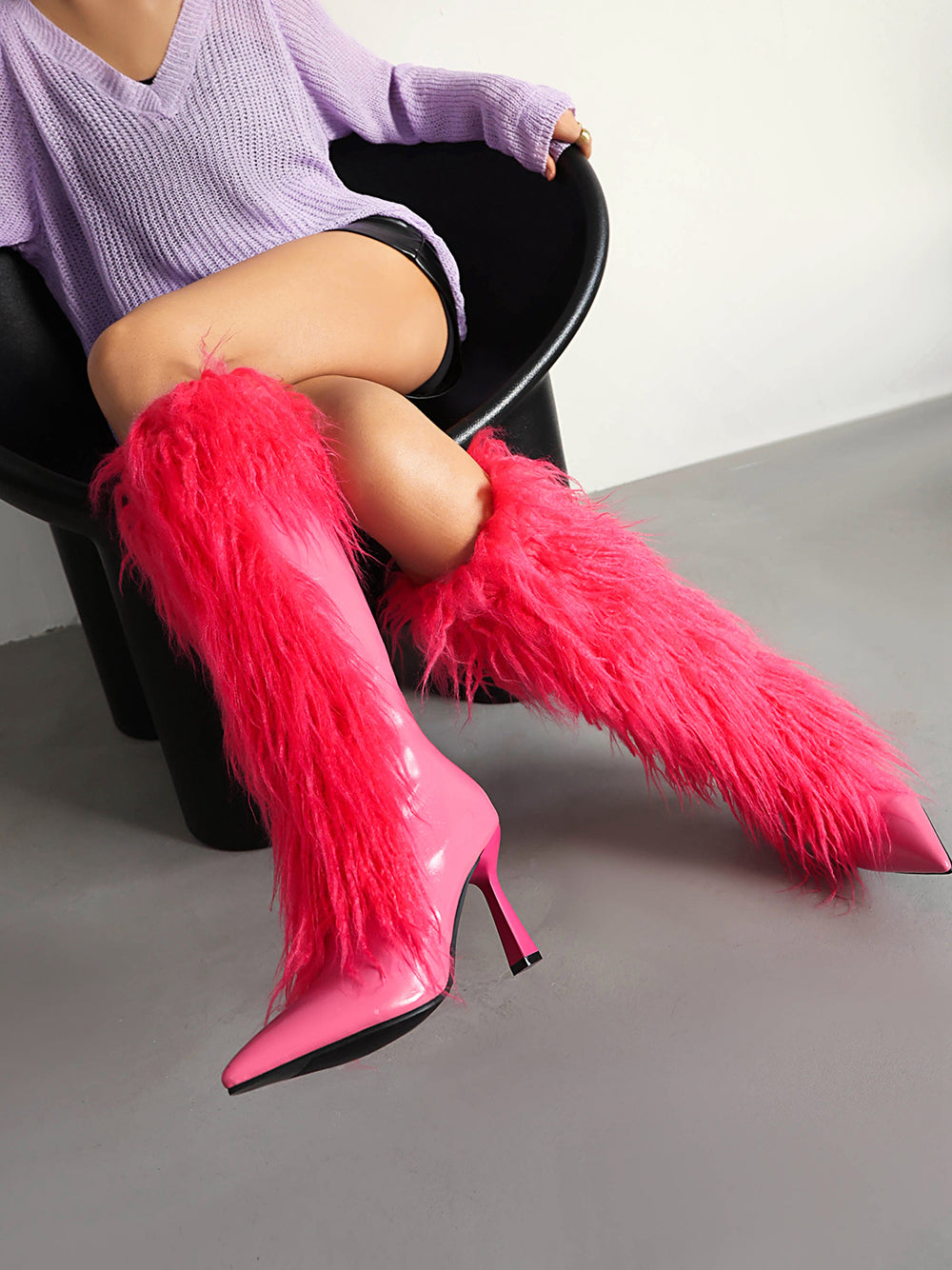 Women's Black Pointed Toe Stiletto Heel Furry Knee High Boots