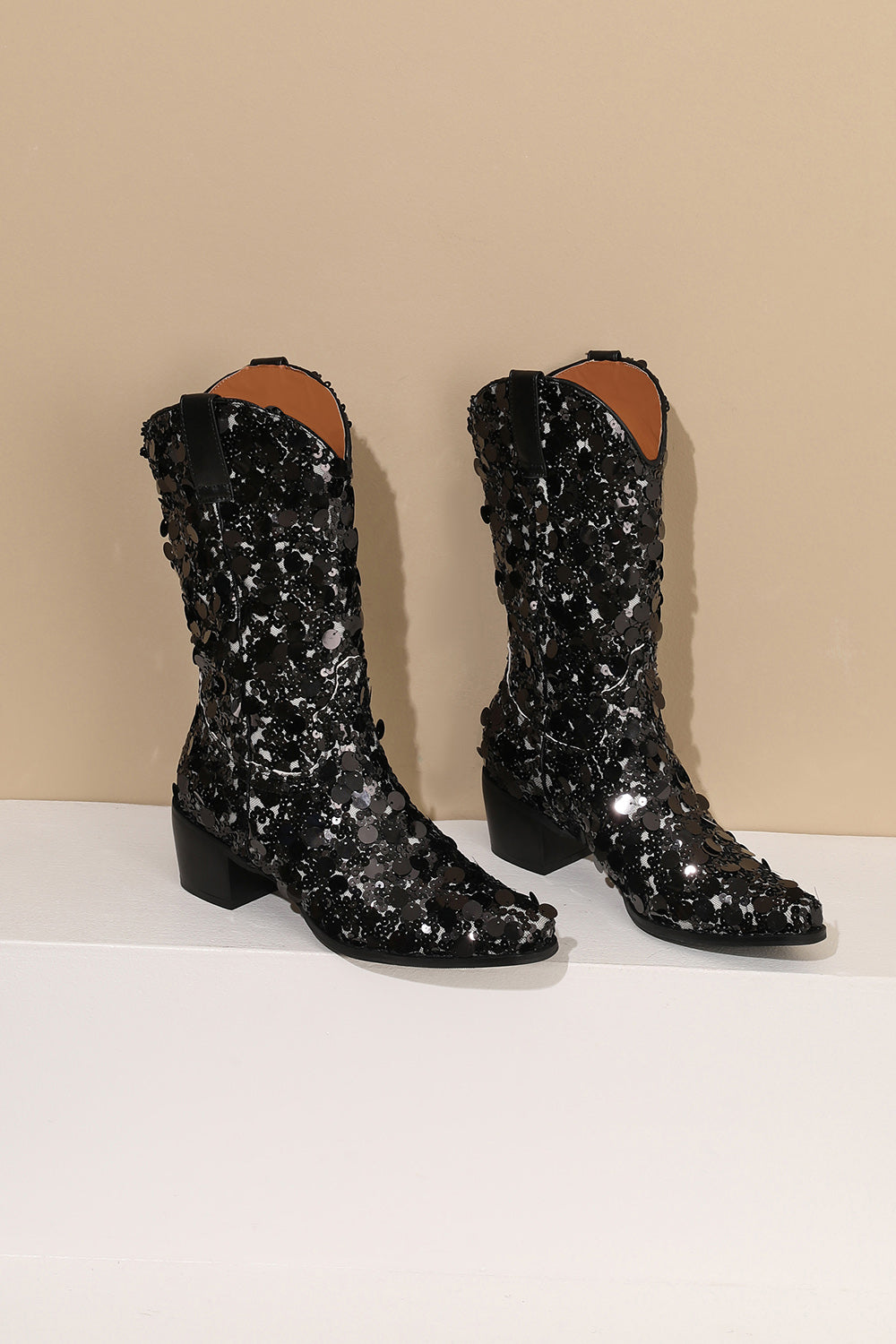 Women's Black Sequin Cowboy Boots Block Heel Sparkling Ankle Western Booties