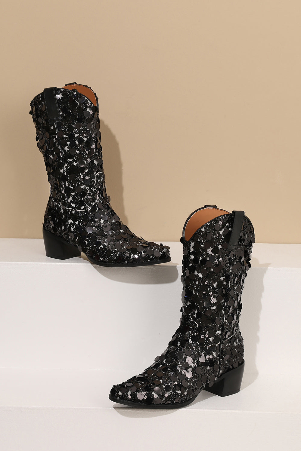 Women's Black Sequin Cowboy Boots Block Heel Sparkling Ankle Western Booties