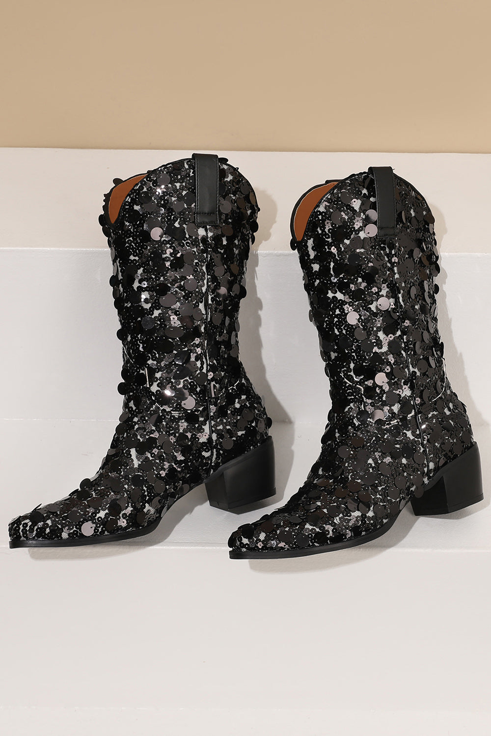 Women's Black Sequin Cowboy Boots Block Heel Sparkling Ankle Western Booties