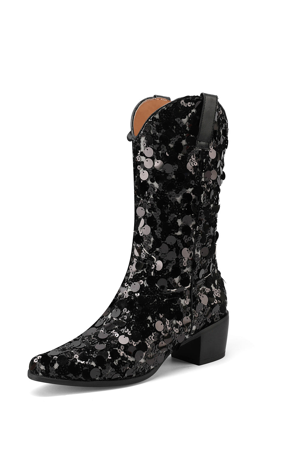 Women's Black Sequin Cowboy Boots Block Heel Sparkling Ankle Western Booties