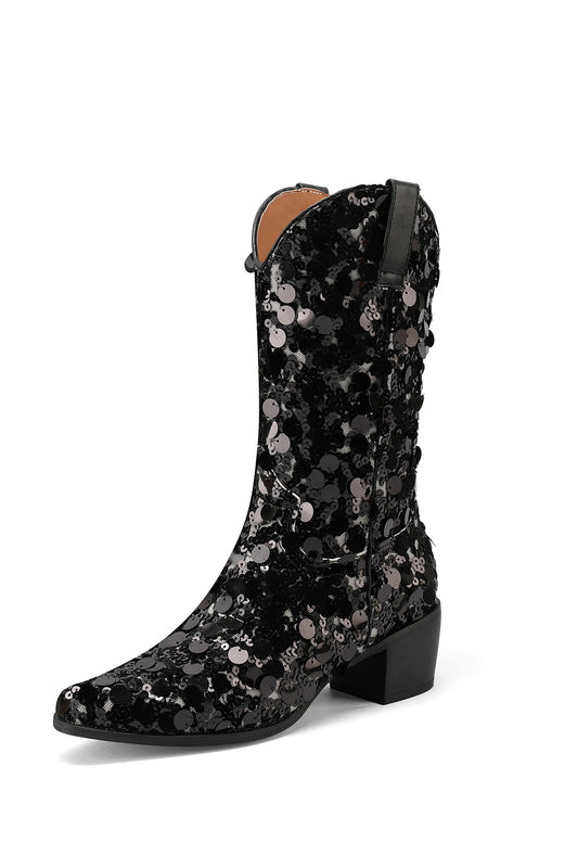 <tc>Women's Black Sequin Cowboy Boots Block Heel Sparkling Ankle Western Booties</tc>