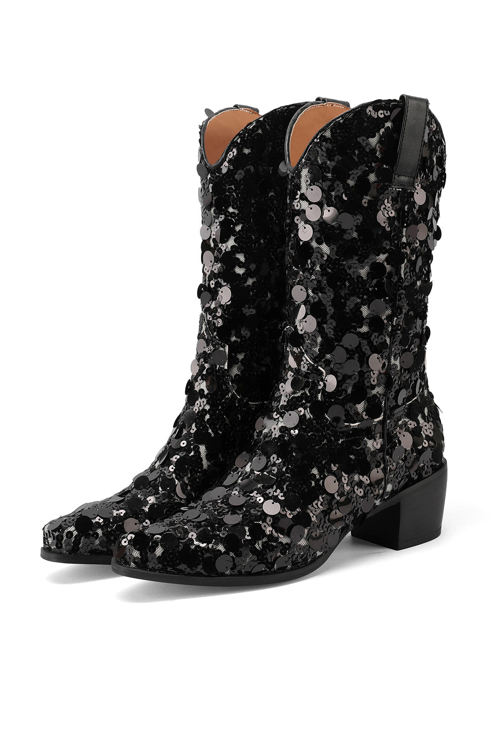 Women's Black Sequin Cowboy Boots Block Heel Sparkling Ankle Western Booties