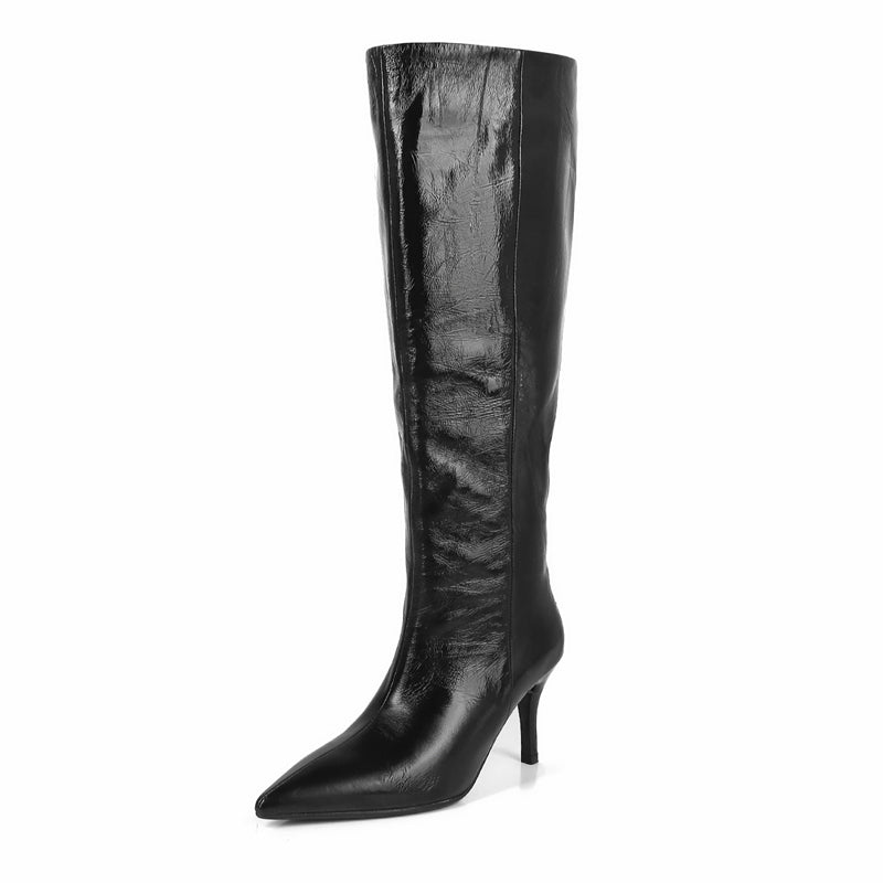 Women's Leather Silver Stiletto Heel Knee High Boots Boots