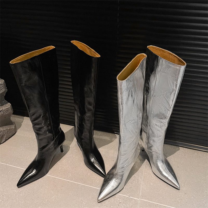 Women's Leather Silver Stiletto Heel Knee High Boots Boots