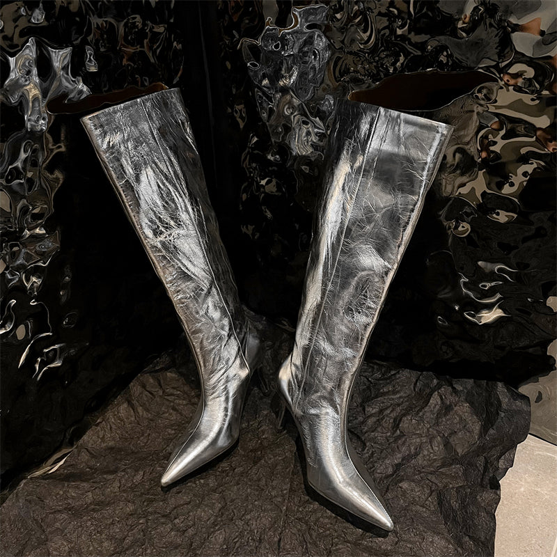 Women's Leather Silver Stiletto Heel Knee High Boots Boots