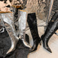 Women's Leather Silver Stiletto Heel Knee High Boots Boots