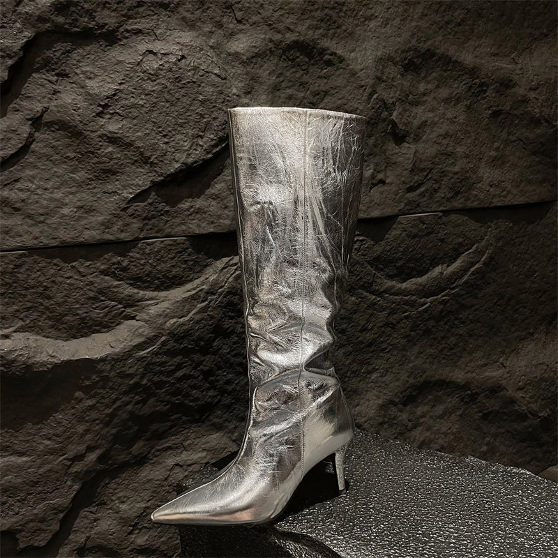 Women's Leather Silver Stiletto Heel Knee High Boots Boots