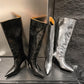 Women's Leather Silver Stiletto Heel Knee High Boots Boots