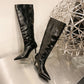 Women's Leather Silver Stiletto Heel Knee High Boots Boots