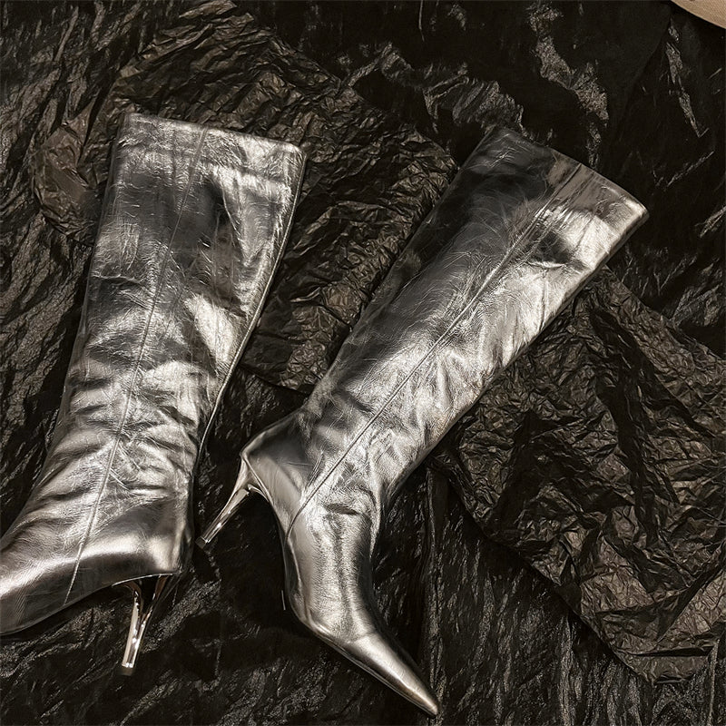 Women's Leather Silver Stiletto Heel Knee High Boots Boots