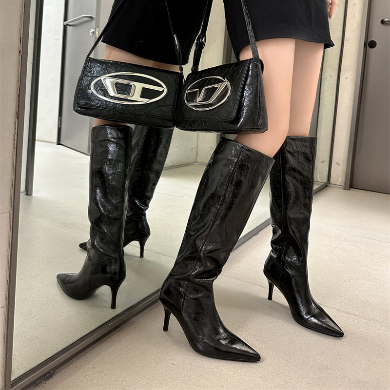 Women's Leather Silver Stiletto Heel Knee High Boots Boots