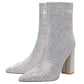 Women's Silver Rhinestone Point-Toe Chunky Heel Ankle Boots