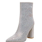 Women's Silver Rhinestone Point-Toe Chunky Heel Ankle Boots