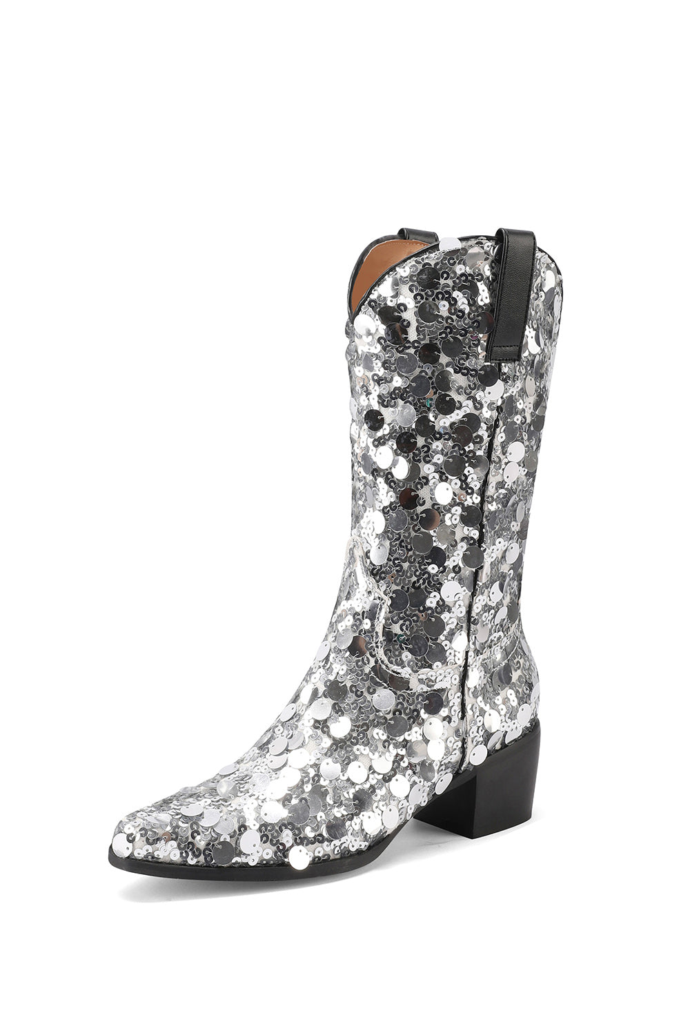 Women's Silver Sequin Cowboy Boots Block Heel Sparkling Ankle Western Booties