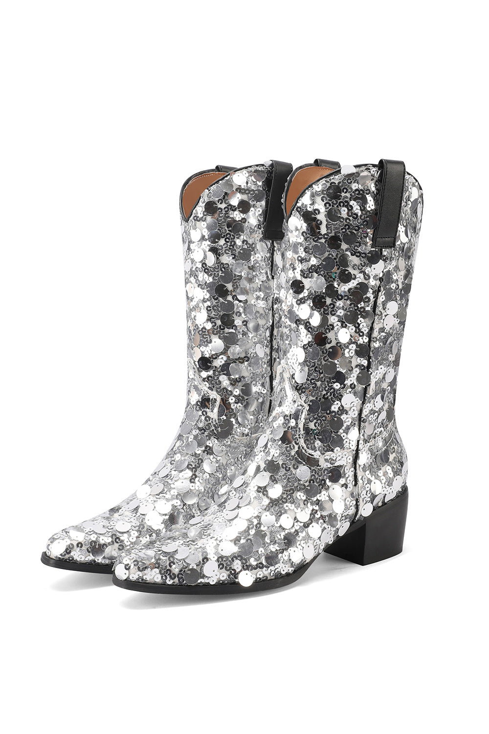 Women's Silver Sequin Cowboy Boots Block Heel Sparkling Ankle Western Booties