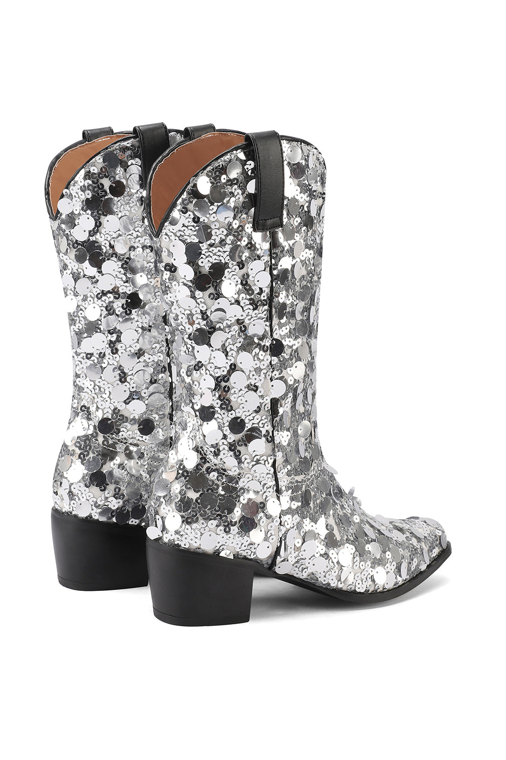 Women's Silver Sequin Cowboy Boots Block Heel Sparkling Ankle Western Booties