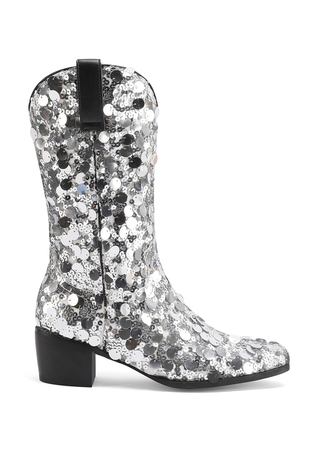 Women's Silver Sequin Cowboy Boots Block Heel Sparkling Ankle Western Booties