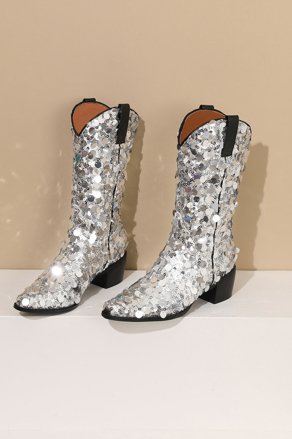 Women's Silver Sequin Cowboy Boots Block Heel Sparkling Ankle Western Booties