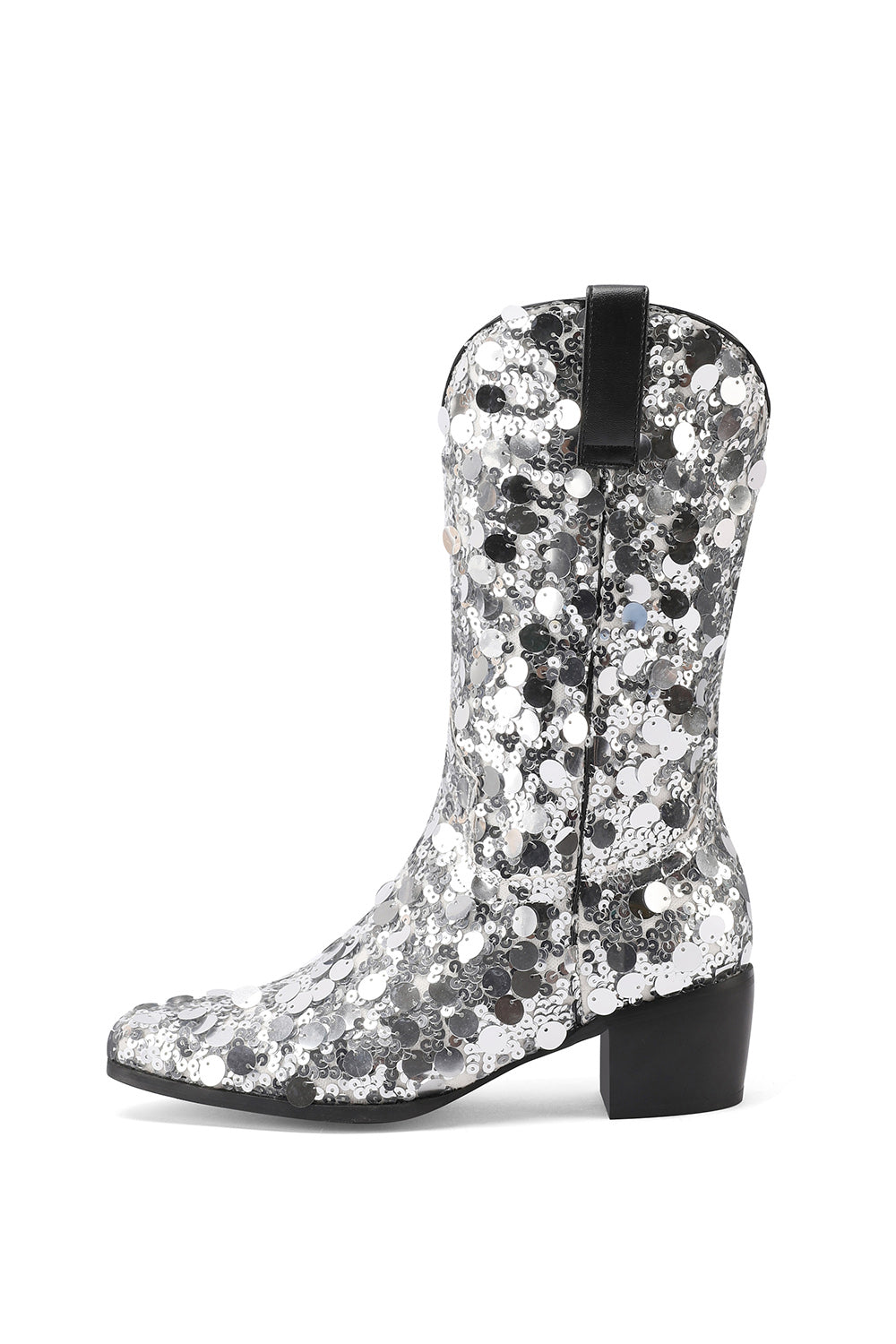 Women's Silver Sequin Cowboy Boots Block Heel Sparkling Ankle Western Booties