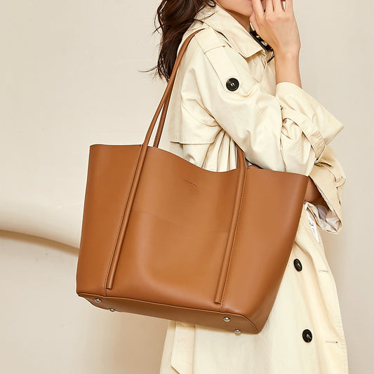 Women's Brown Soft Leather Pocket Tote Bag