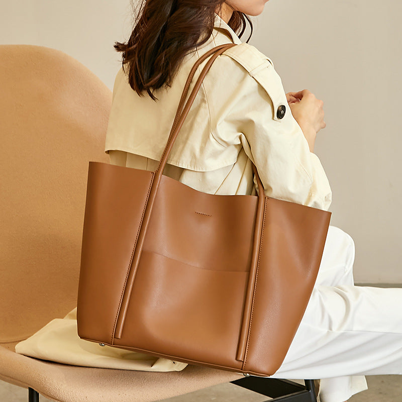 Women's Brown Soft Leather Pocket Tote Bag