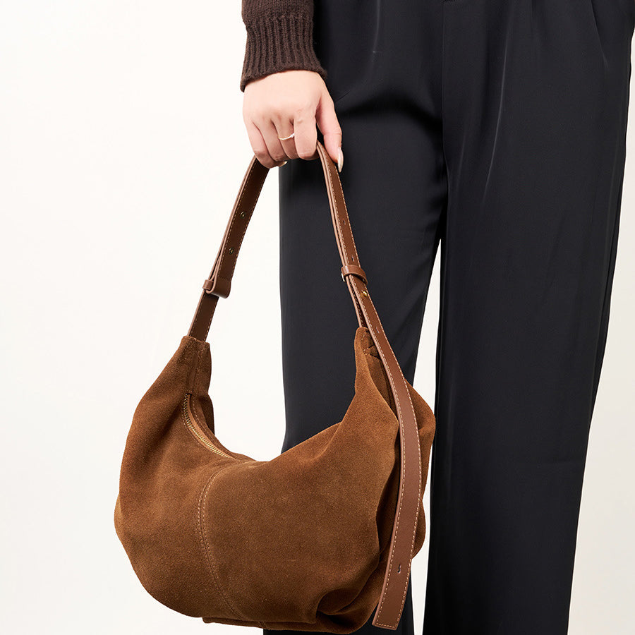 Suede leather zipper shoulder bag