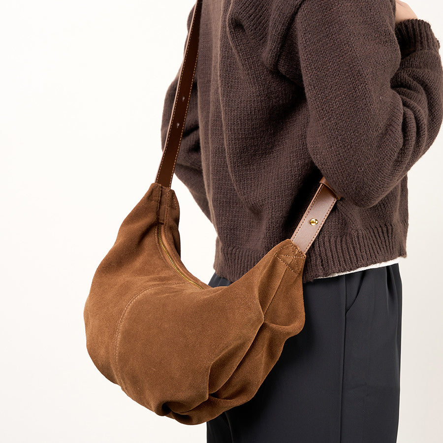 Suede leather zipper shoulder bag