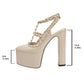 Women's T-Strap Heel Rivet Chunky Heel Almond Toe Slingback Pumps