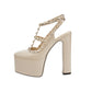 Women's T-Strap Heel Rivet Chunky Heel Almond Toe Slingback Pumps