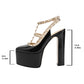 Women's T-Strap Heel Rivet Chunky Heel Almond Toe Slingback Pumps