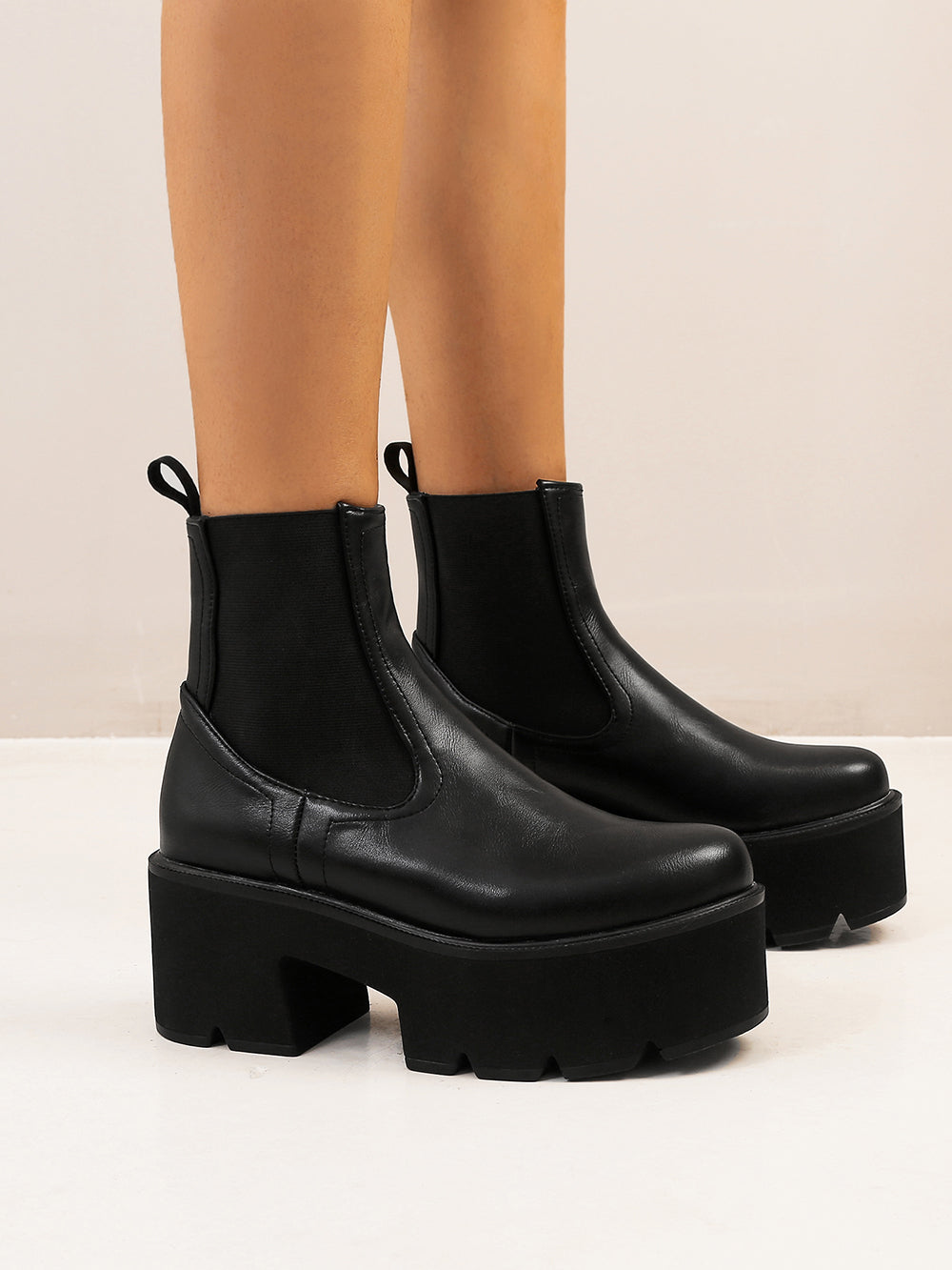 <tc>Black Vegan Leather Y2K Punk Style Chelsea Platform Boots Block Heel Platform Ankle Boots</tc>