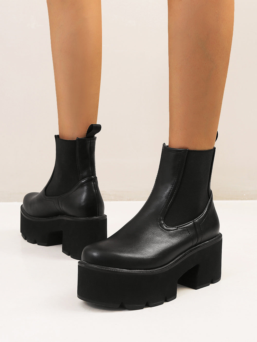 <tc>Black Vegan Leather Y2K Punk Style Chelsea Platform Boots Block Heel Platform Ankle Boots</tc>