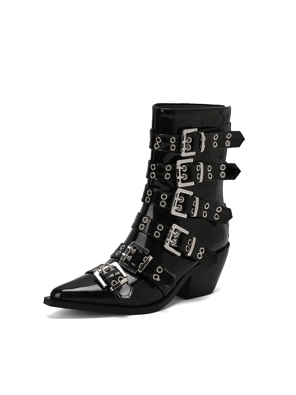 <tc>Women's Patent Leather Buckles Pointed Toe Block Heel Ankle Boots</tc>