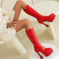 Women's Vegan Leather Elastic Stiletto Heel Platform Knee High Boots