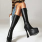 Women's Vegan Leather Elastic Stiletto Heel Platform Knee High Boots