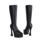 Women's Vegan Leather Elastic Stiletto Heel Platform Knee High Boots