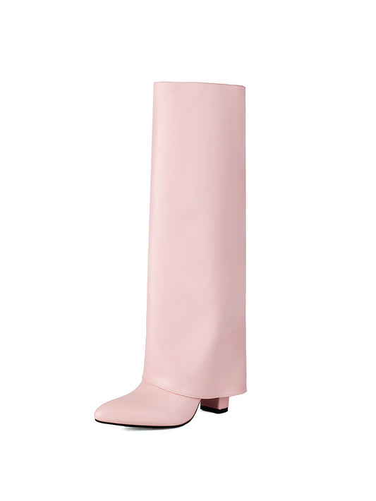 Women's Pink Vegan Leather Fold-over Knee High Boots