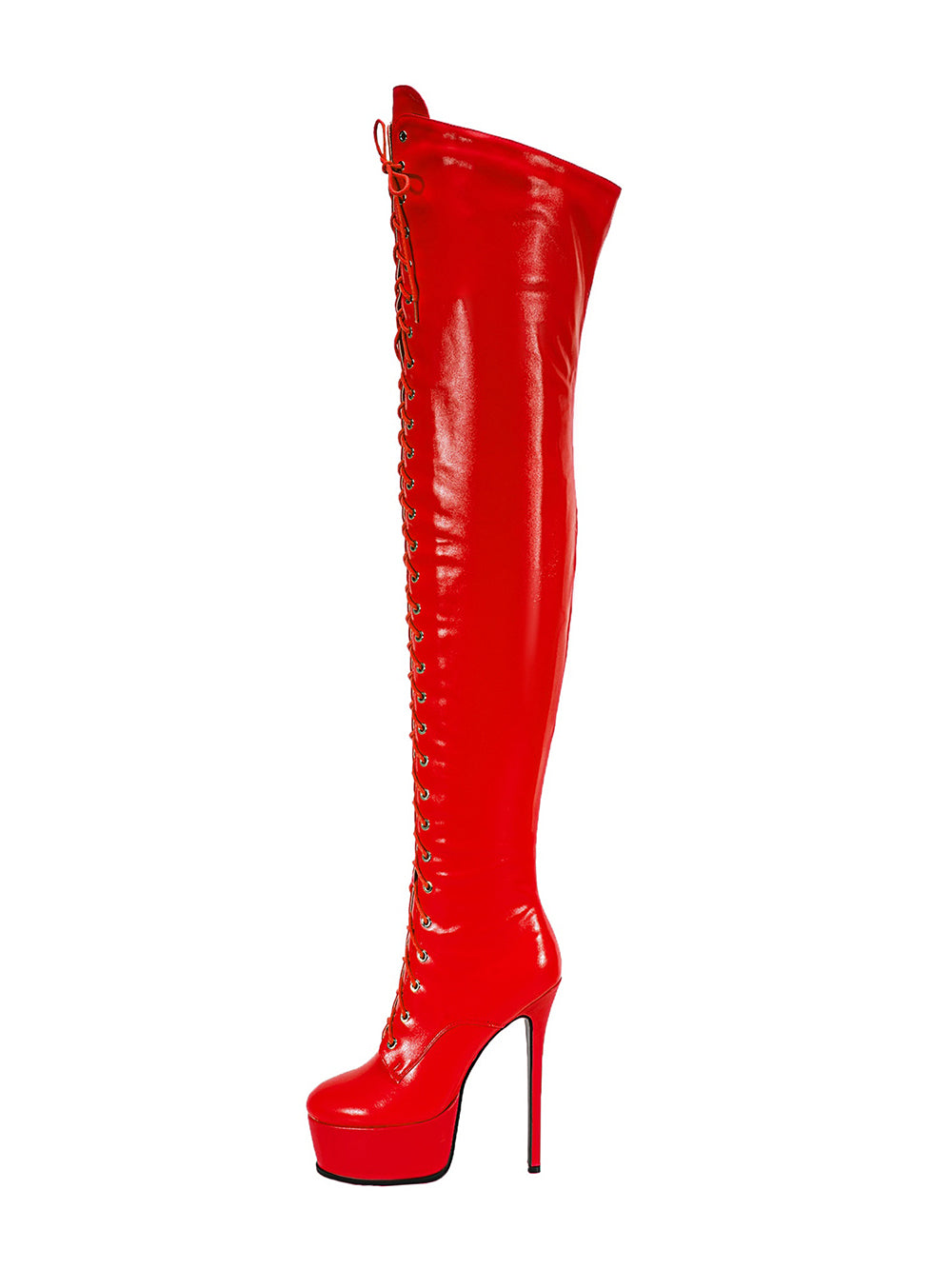 <tc>Women's Red Vegan Leather Lace up Platform Stiletto Heel Sexy Thigh High Boots</tc>