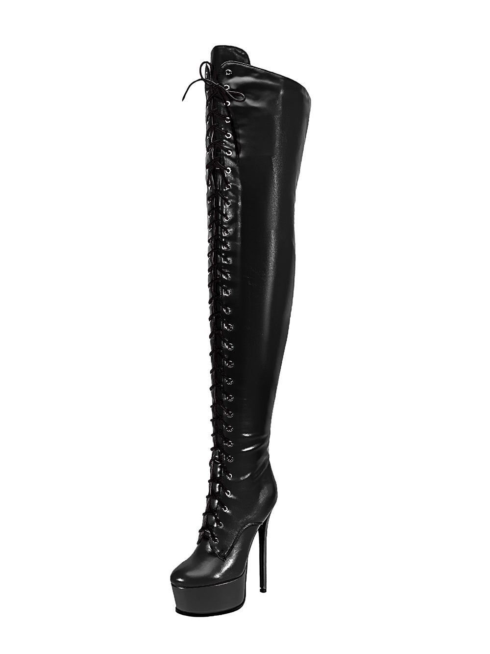 <tc>Women's Black Vegan Leather Lace up Platform Stiletto Heel Sexy Thigh High Boots</tc>