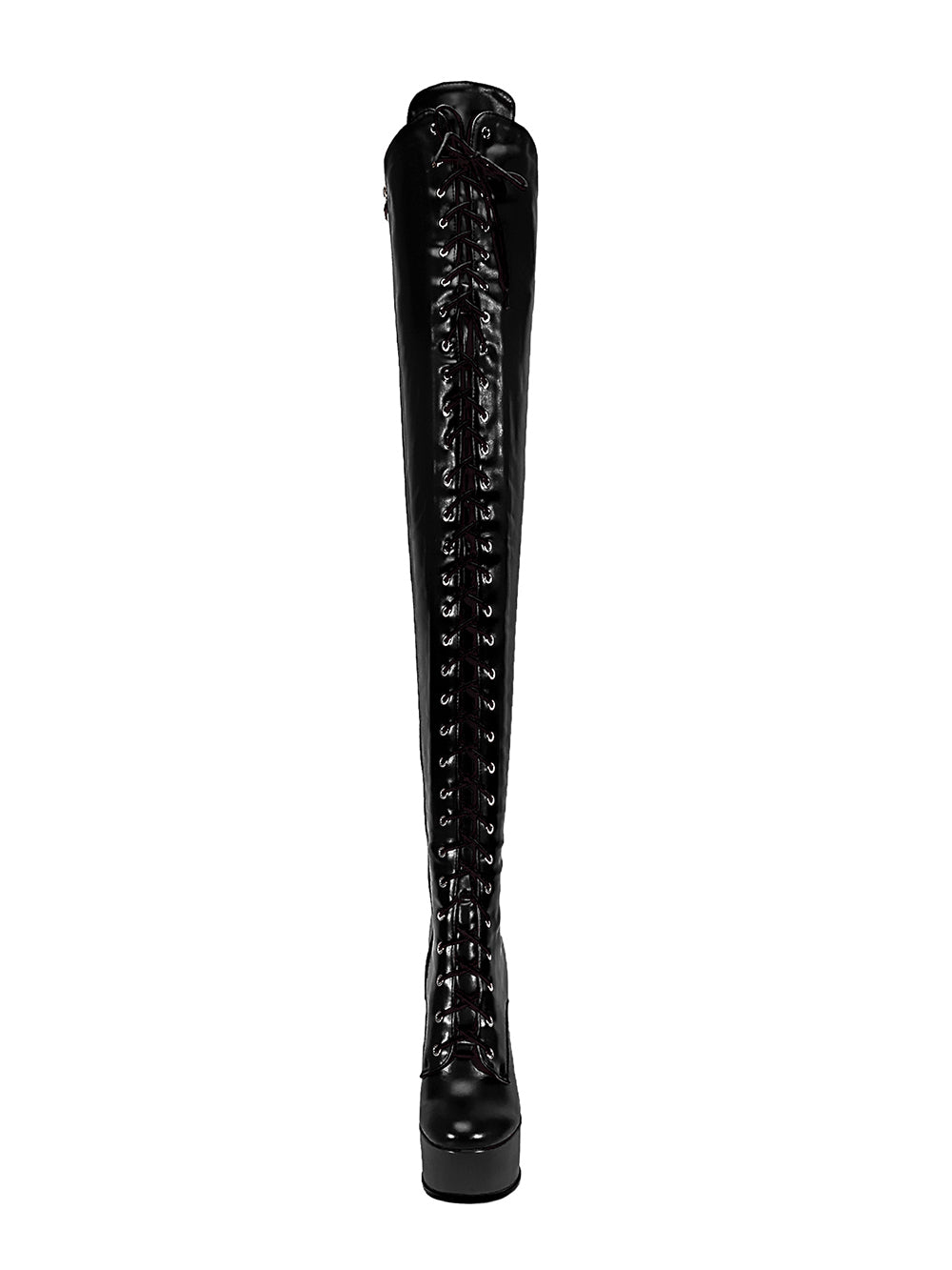 <tc>Women's Black Vegan Leather Lace up Platform Stiletto Heel Sexy Thigh High Boots</tc>