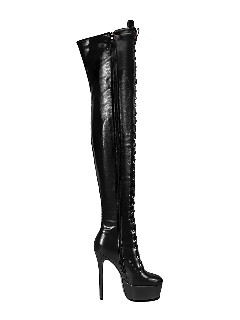 <tc>Women's Black Vegan Leather Lace up Platform Stiletto Heel Sexy Thigh High Boots</tc>