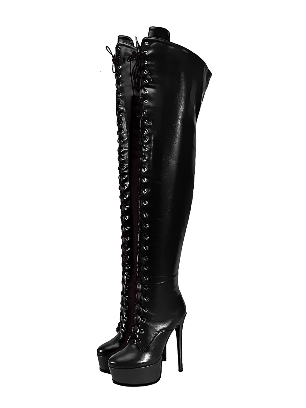 <tc>Women's Black Vegan Leather Lace up Platform Stiletto Heel Sexy Thigh High Boots</tc>