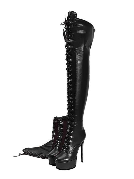 <tc>Women's Black Vegan Leather Lace up Platform Stiletto Heel Sexy Thigh High Boots</tc>