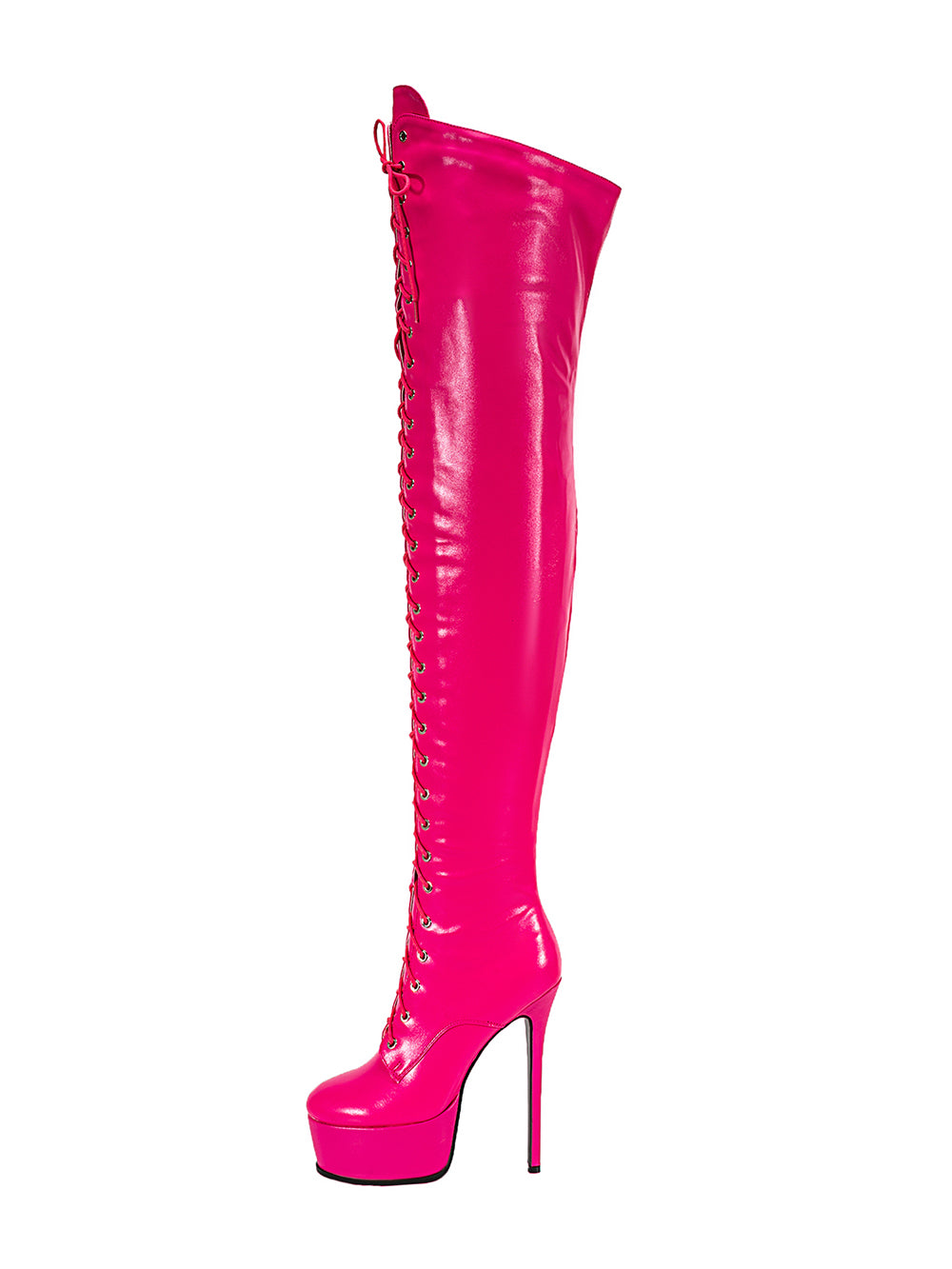 <tc>Women's Hot PInk Vegan Leather Lace up Platform Stiletto Heel Sexy Thigh High Boots</tc>